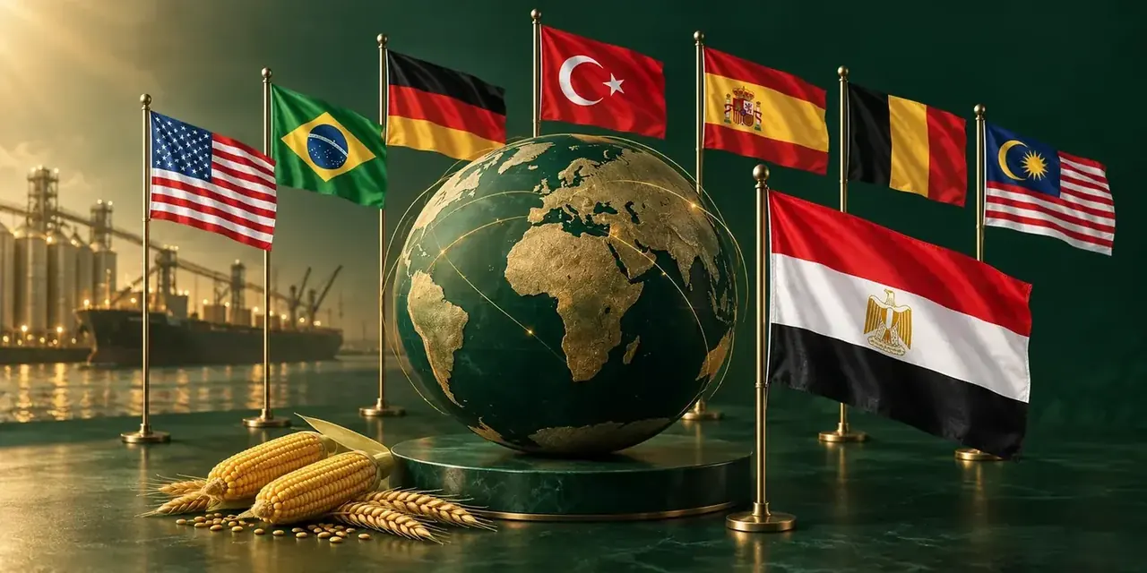 كرة أرضية تحيط بها أعلام أسواق التوريد السبعة وعلم مصر أمام ميناء وصوامع غلال